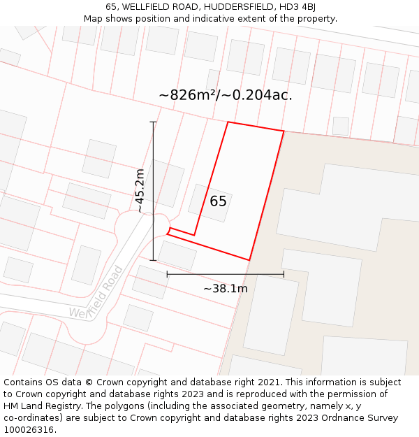 65, WELLFIELD ROAD, HUDDERSFIELD, HD3 4BJ: Plot and title map