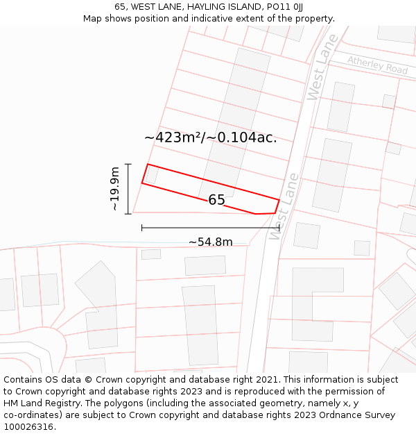 65, WEST LANE, HAYLING ISLAND, PO11 0JJ: Plot and title map