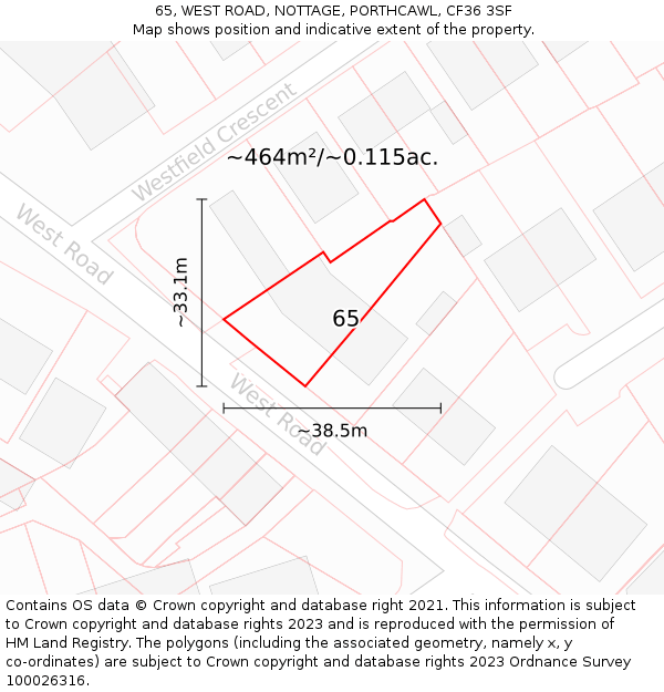 65, WEST ROAD, NOTTAGE, PORTHCAWL, CF36 3SF: Plot and title map