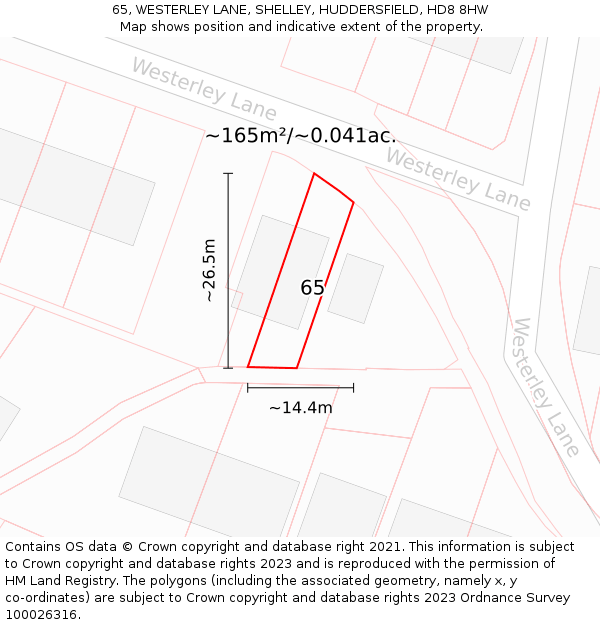 65, WESTERLEY LANE, SHELLEY, HUDDERSFIELD, HD8 8HW: Plot and title map
