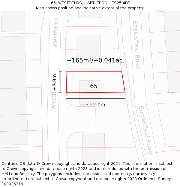 65, WESTFIELDS, HARTLEPOOL, TS25 4BF: Plot and title map