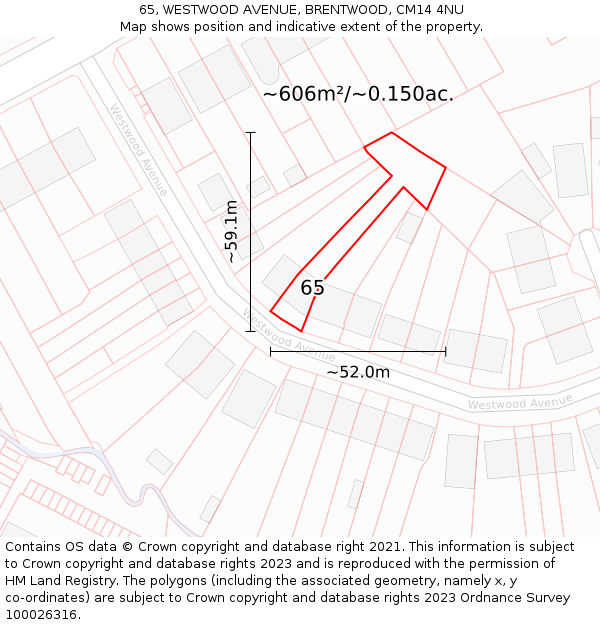 65, WESTWOOD AVENUE, BRENTWOOD, CM14 4NU: Plot and title map