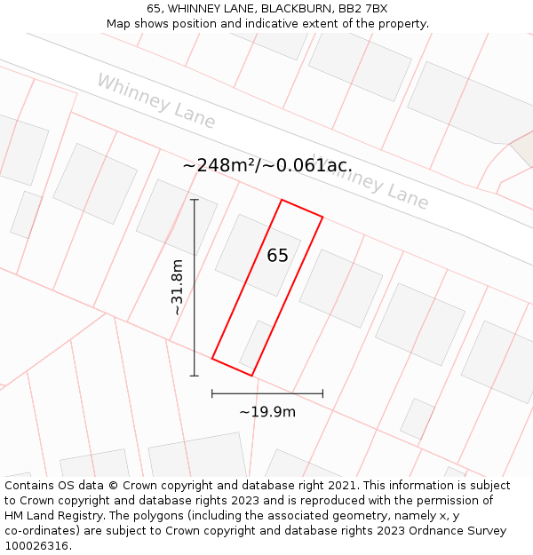 65, WHINNEY LANE, BLACKBURN, BB2 7BX: Plot and title map