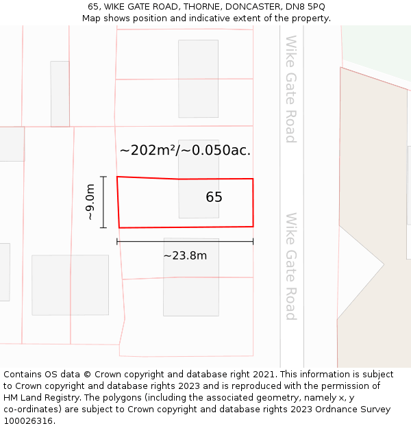 65, WIKE GATE ROAD, THORNE, DONCASTER, DN8 5PQ: Plot and title map