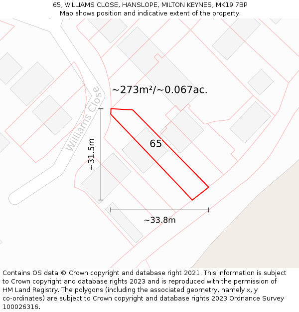 65, WILLIAMS CLOSE, HANSLOPE, MILTON KEYNES, MK19 7BP: Plot and title map