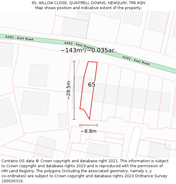 65, WILLOW CLOSE, QUINTRELL DOWNS, NEWQUAY, TR8 4QN: Plot and title map