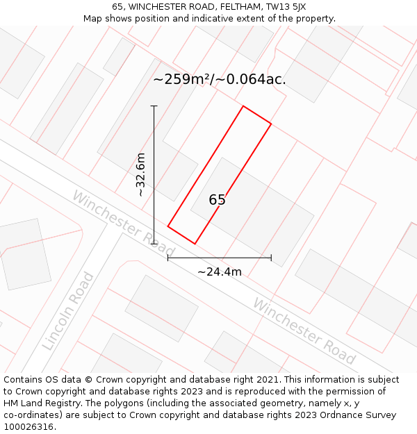 65, WINCHESTER ROAD, FELTHAM, TW13 5JX: Plot and title map