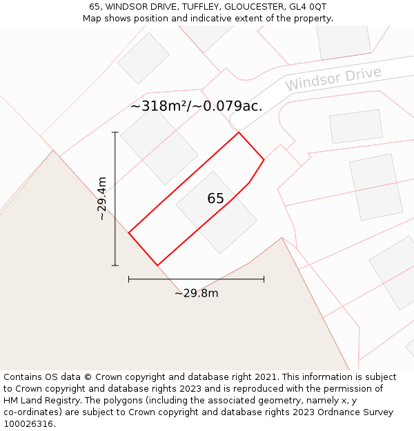 65, WINDSOR DRIVE, TUFFLEY, GLOUCESTER, GL4 0QT: Plot and title map