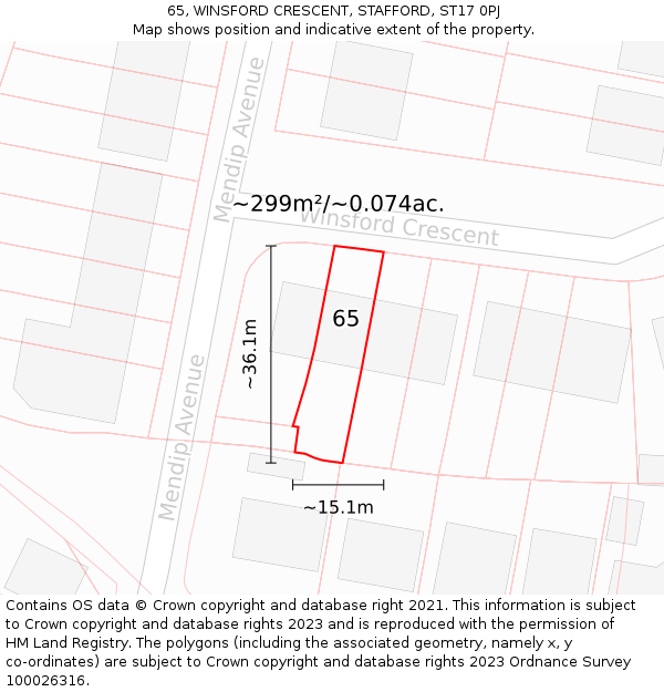 65, WINSFORD CRESCENT, STAFFORD, ST17 0PJ: Plot and title map