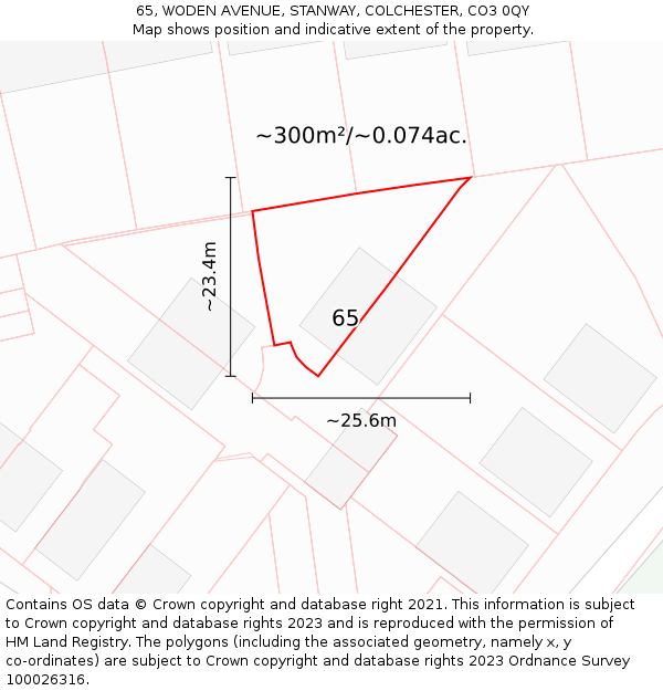 65, WODEN AVENUE, STANWAY, COLCHESTER, CO3 0QY: Plot and title map