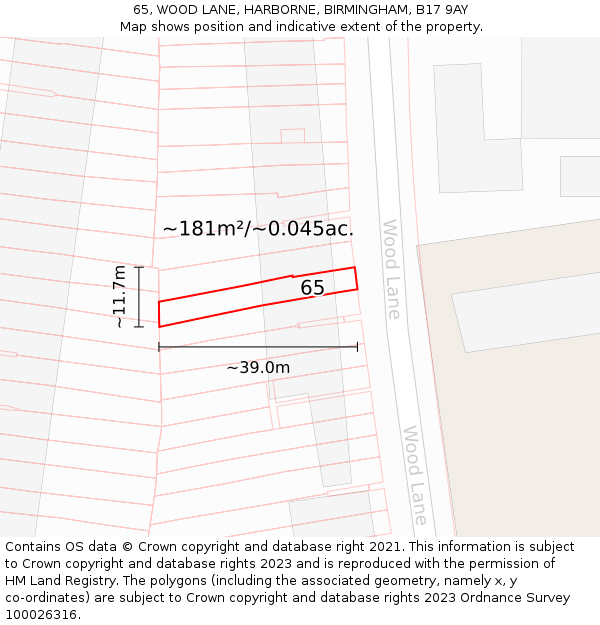 65, WOOD LANE, HARBORNE, BIRMINGHAM, B17 9AY: Plot and title map