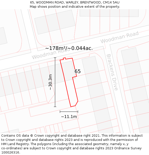 65, WOODMAN ROAD, WARLEY, BRENTWOOD, CM14 5AU: Plot and title map