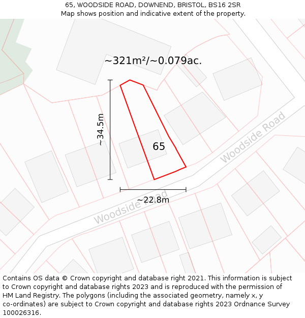 65, WOODSIDE ROAD, DOWNEND, BRISTOL, BS16 2SR: Plot and title map