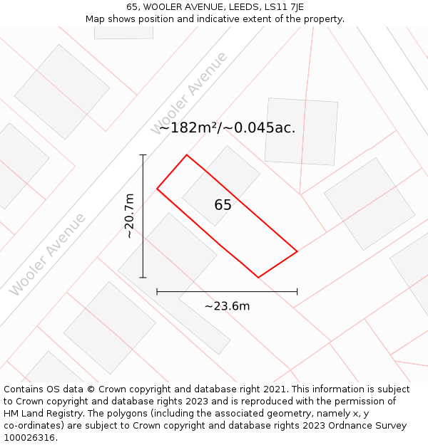 65, WOOLER AVENUE, LEEDS, LS11 7JE: Plot and title map