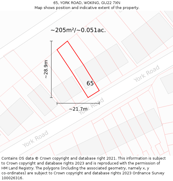 65, YORK ROAD, WOKING, GU22 7XN: Plot and title map