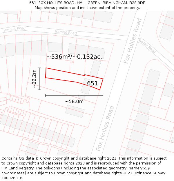 651, FOX HOLLIES ROAD, HALL GREEN, BIRMINGHAM, B28 9DE: Plot and title map