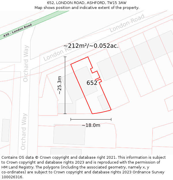 652, LONDON ROAD, ASHFORD, TW15 3AW: Plot and title map