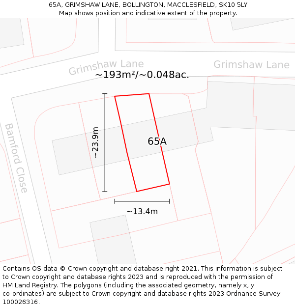 65A, GRIMSHAW LANE, BOLLINGTON, MACCLESFIELD, SK10 5LY: Plot and title map