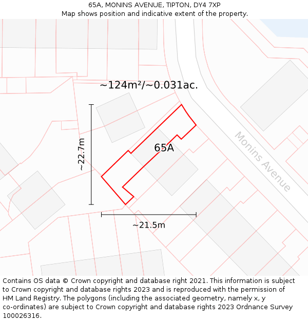 65A, MONINS AVENUE, TIPTON, DY4 7XP: Plot and title map