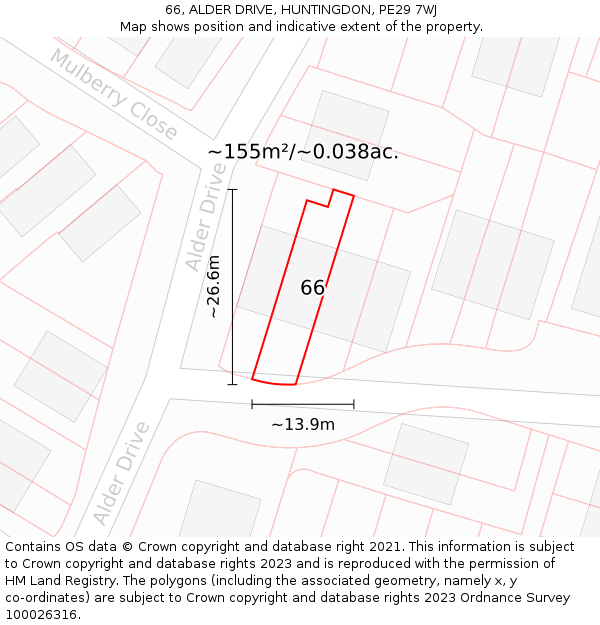 66, ALDER DRIVE, HUNTINGDON, PE29 7WJ: Plot and title map