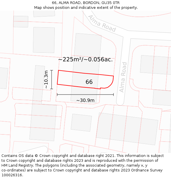 66, ALMA ROAD, BORDON, GU35 0TR: Plot and title map