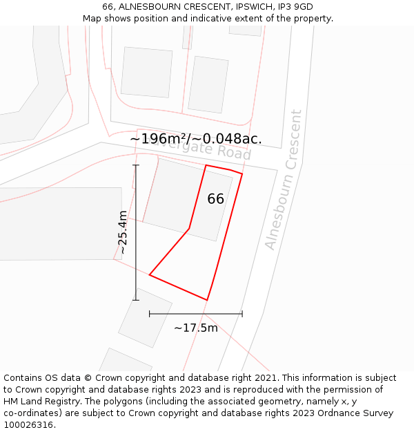 66, ALNESBOURN CRESCENT, IPSWICH, IP3 9GD: Plot and title map