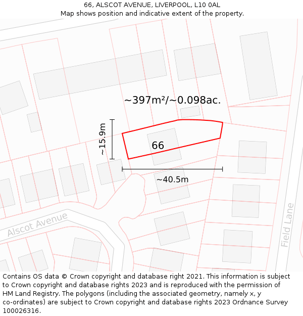 66, ALSCOT AVENUE, LIVERPOOL, L10 0AL: Plot and title map