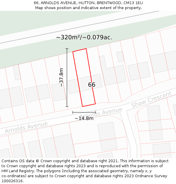 66, ARNOLDS AVENUE, HUTTON, BRENTWOOD, CM13 1EU: Plot and title map