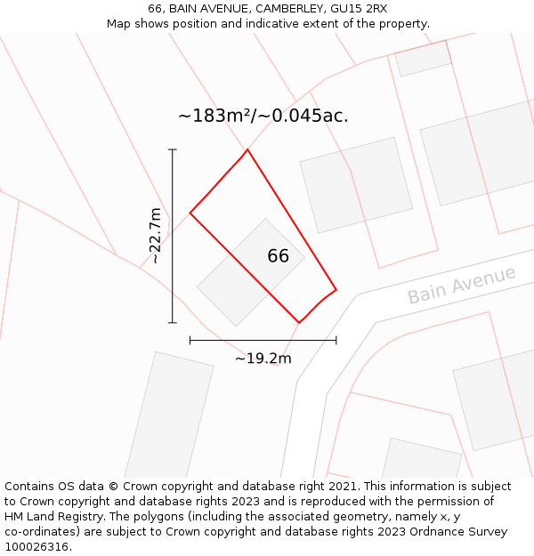 66, BAIN AVENUE, CAMBERLEY, GU15 2RX: Plot and title map