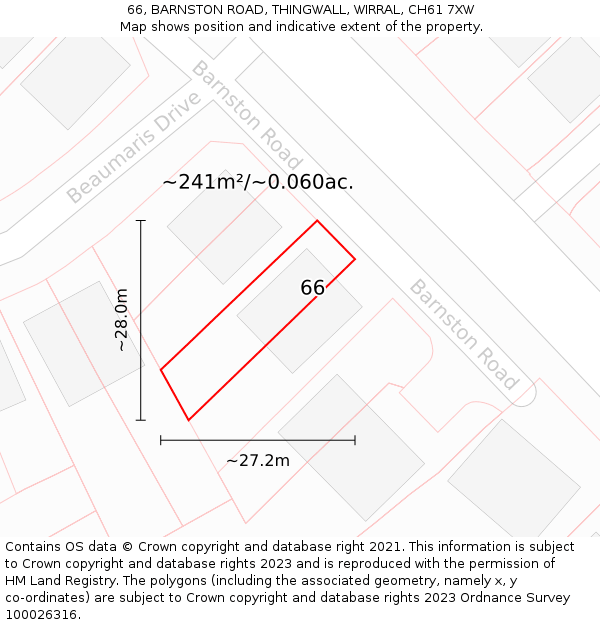 66, BARNSTON ROAD, THINGWALL, WIRRAL, CH61 7XW: Plot and title map