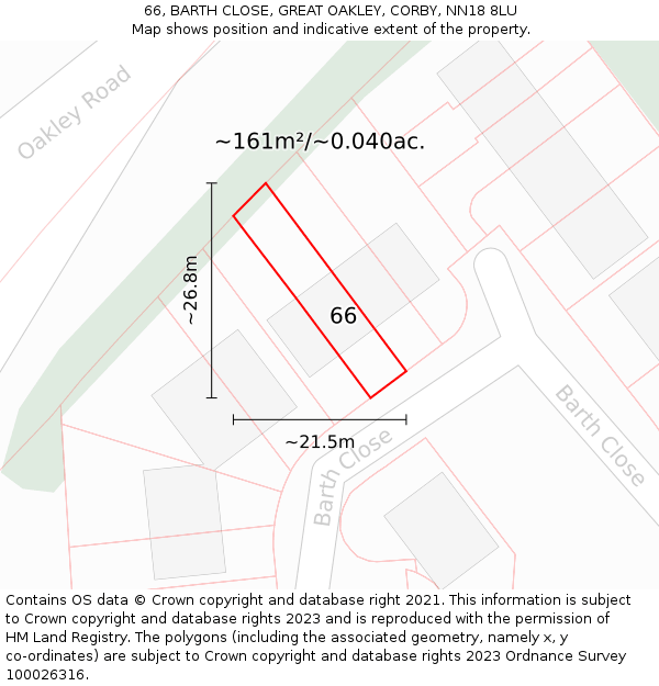 66, BARTH CLOSE, GREAT OAKLEY, CORBY, NN18 8LU: Plot and title map