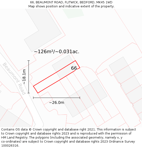 66, BEAUMONT ROAD, FLITWICK, BEDFORD, MK45 1WD: Plot and title map