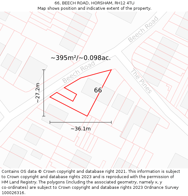 66, BEECH ROAD, HORSHAM, RH12 4TU: Plot and title map