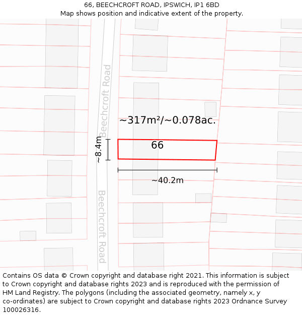 66, BEECHCROFT ROAD, IPSWICH, IP1 6BD: Plot and title map