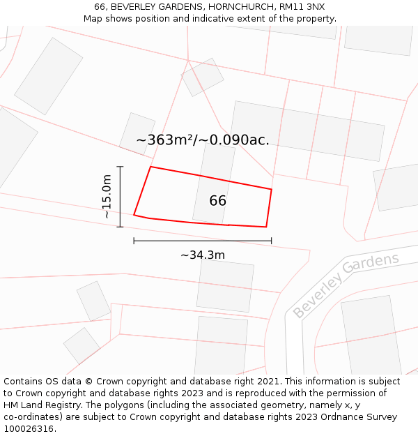 66, BEVERLEY GARDENS, HORNCHURCH, RM11 3NX: Plot and title map