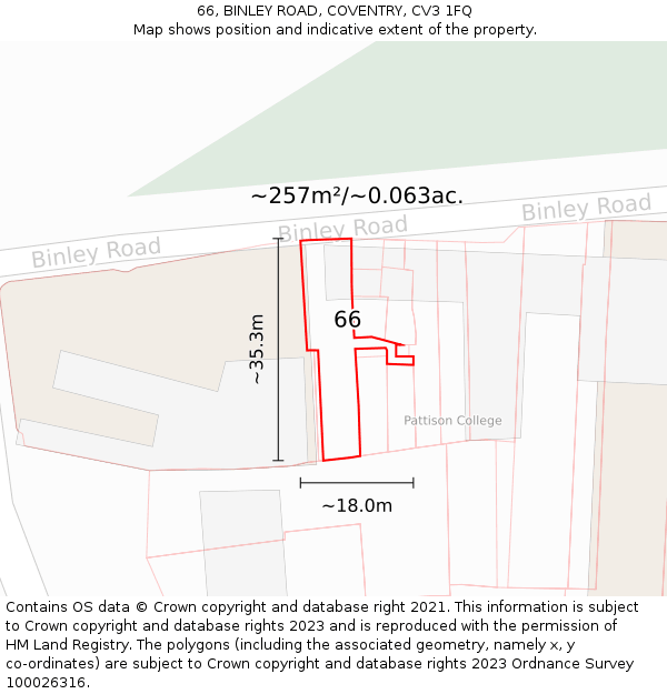 66, BINLEY ROAD, COVENTRY, CV3 1FQ: Plot and title map