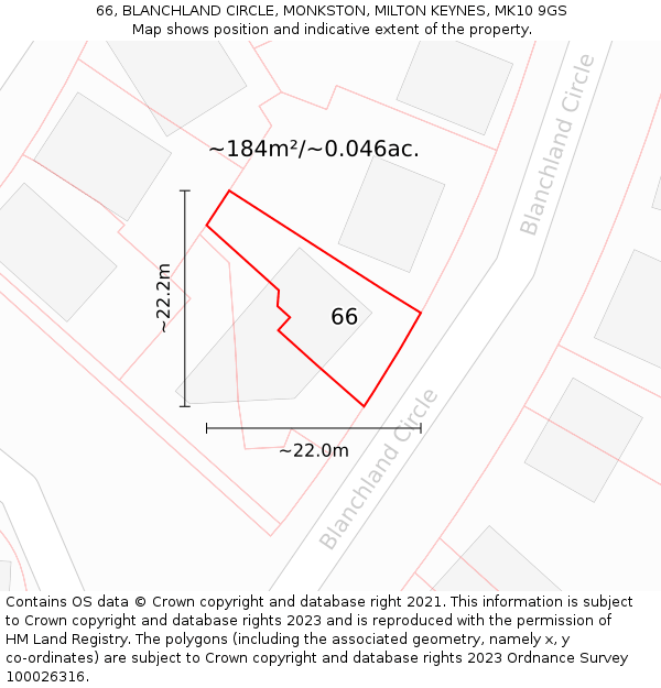 66, BLANCHLAND CIRCLE, MONKSTON, MILTON KEYNES, MK10 9GS: Plot and title map