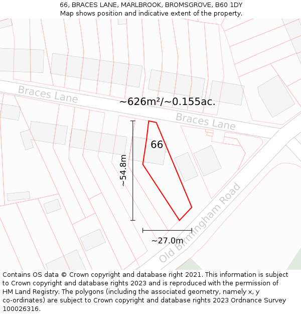 66, BRACES LANE, MARLBROOK, BROMSGROVE, B60 1DY: Plot and title map