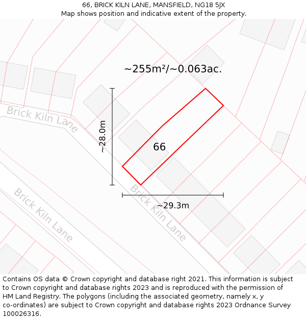 66, BRICK KILN LANE, MANSFIELD, NG18 5JX: Plot and title map