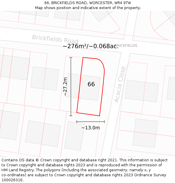 66, BRICKFIELDS ROAD, WORCESTER, WR4 9TW: Plot and title map