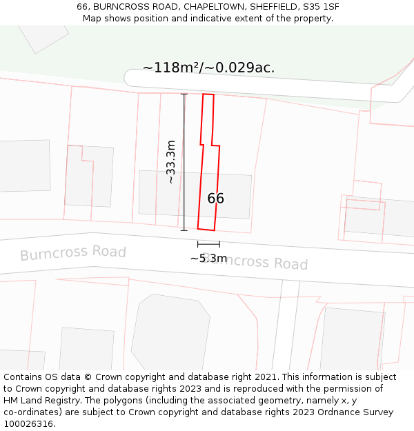 66, BURNCROSS ROAD, CHAPELTOWN, SHEFFIELD, S35 1SF: Plot and title map