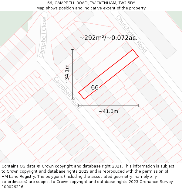 66, CAMPBELL ROAD, TWICKENHAM, TW2 5BY: Plot and title map