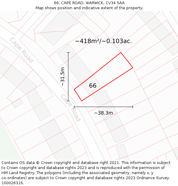 66, CAPE ROAD, WARWICK, CV34 5AA: Plot and title map