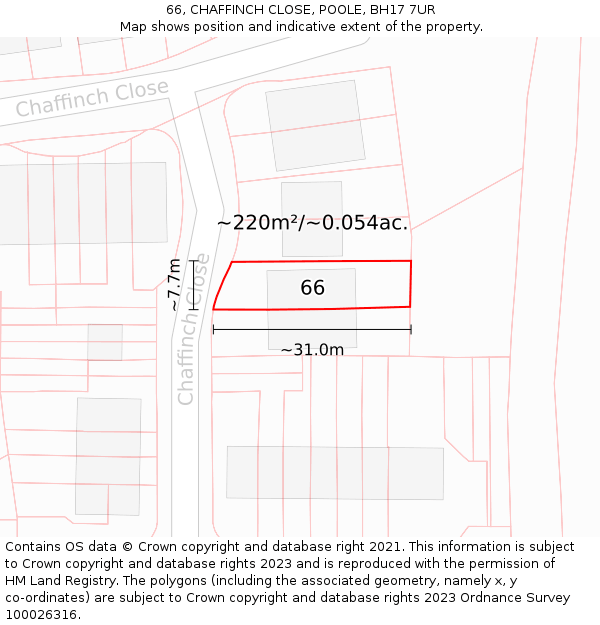66, CHAFFINCH CLOSE, POOLE, BH17 7UR: Plot and title map