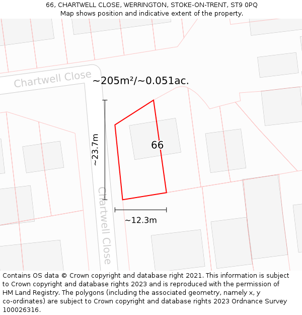 66, CHARTWELL CLOSE, WERRINGTON, STOKE-ON-TRENT, ST9 0PQ: Plot and title map