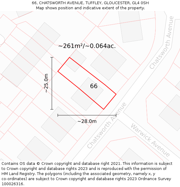 66, CHATSWORTH AVENUE, TUFFLEY, GLOUCESTER, GL4 0SH: Plot and title map