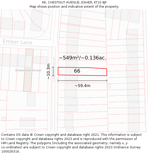 66, CHESTNUT AVENUE, ESHER, KT10 8JF: Plot and title map
