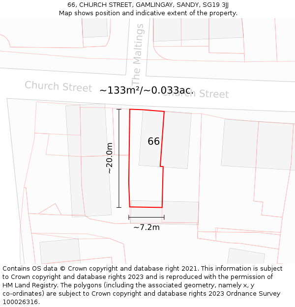66, CHURCH STREET, GAMLINGAY, SANDY, SG19 3JJ: Plot and title map