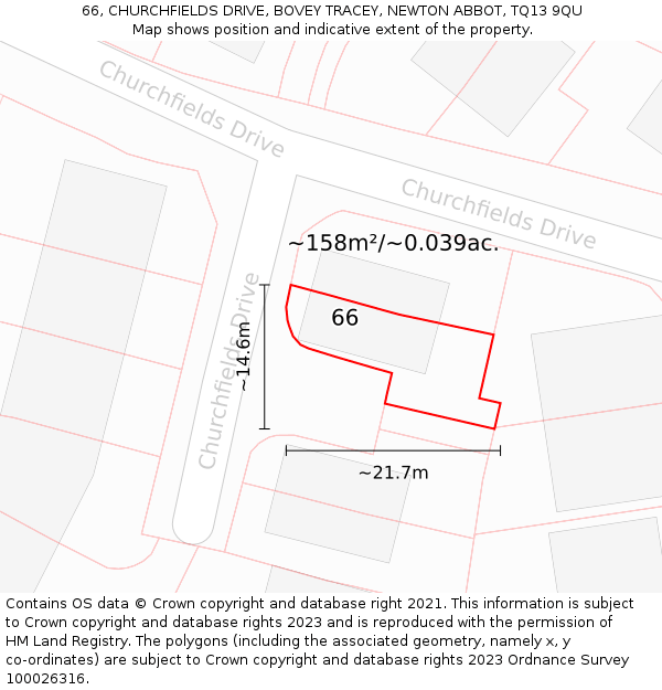 66, CHURCHFIELDS DRIVE, BOVEY TRACEY, NEWTON ABBOT, TQ13 9QU: Plot and title map
