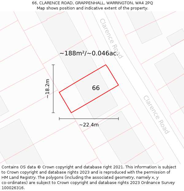 66, CLARENCE ROAD, GRAPPENHALL, WARRINGTON, WA4 2PQ: Plot and title map